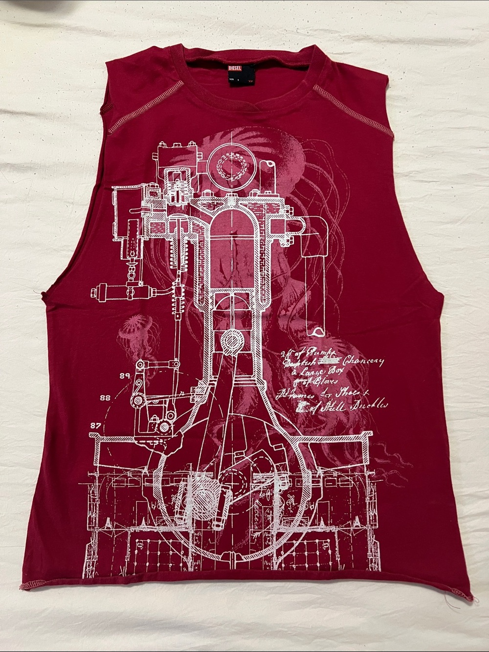 Vintage Diesel sleeveless graphic muscle tee in burgundy with white print